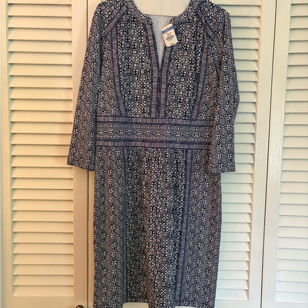 J. McLaughlin Blue and White Sheath Dress with Raglan Sleeves